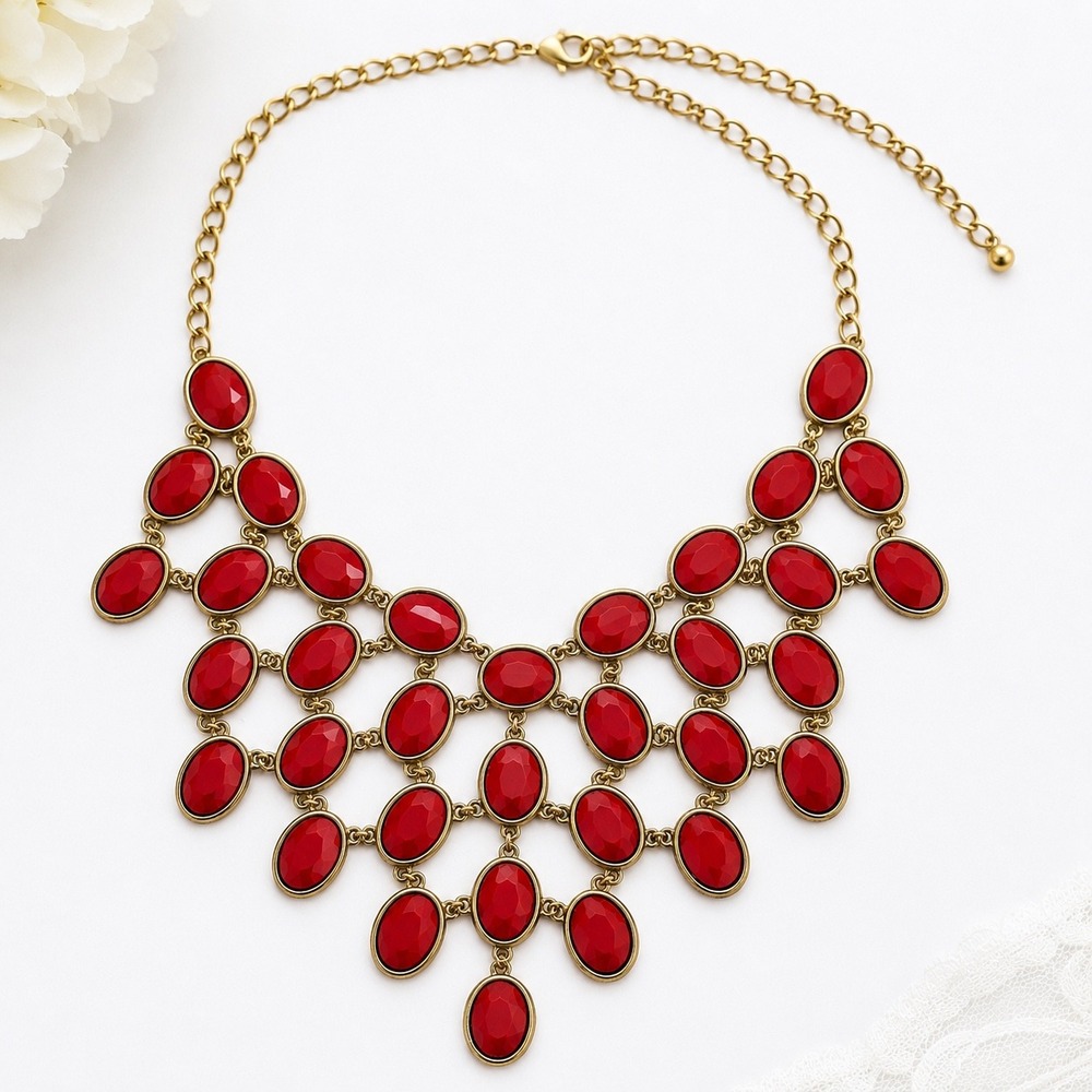 Red Bib Statement Necklace Gold Tone Faceted Oval Maximalist Glam Boho